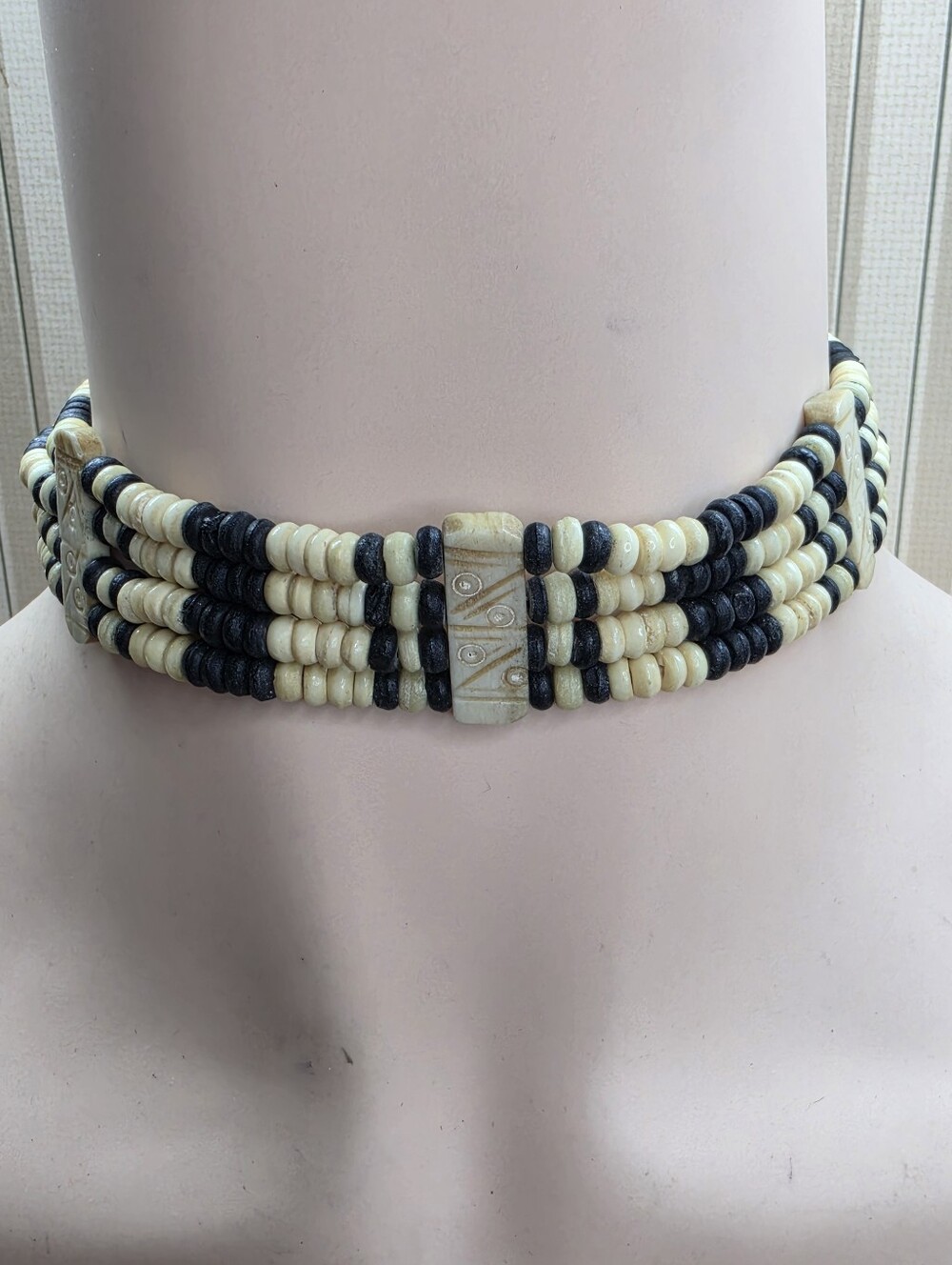 Carved Bone Adjustable Choker Necklace Tribal Boho Black Ivory Leather Tie